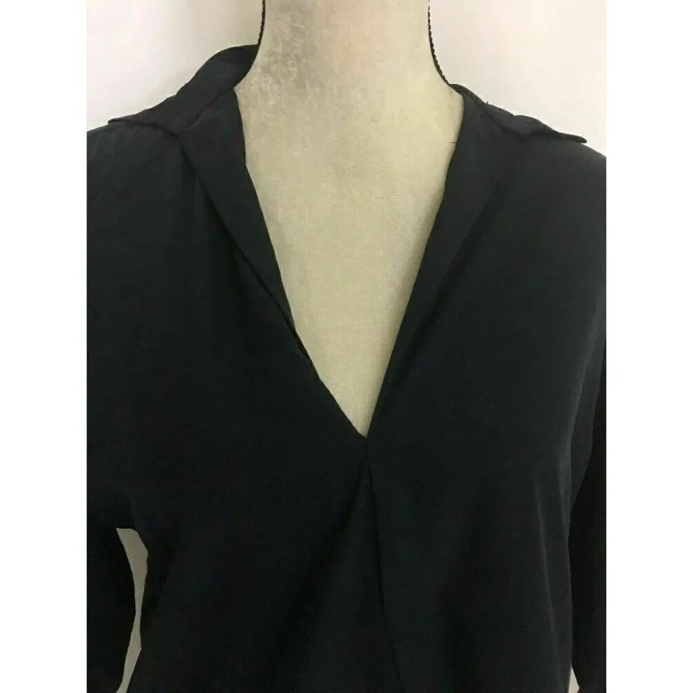 Zara Womens Solid Navy Blue V Neck Long Sleeve Work Career Top Xs